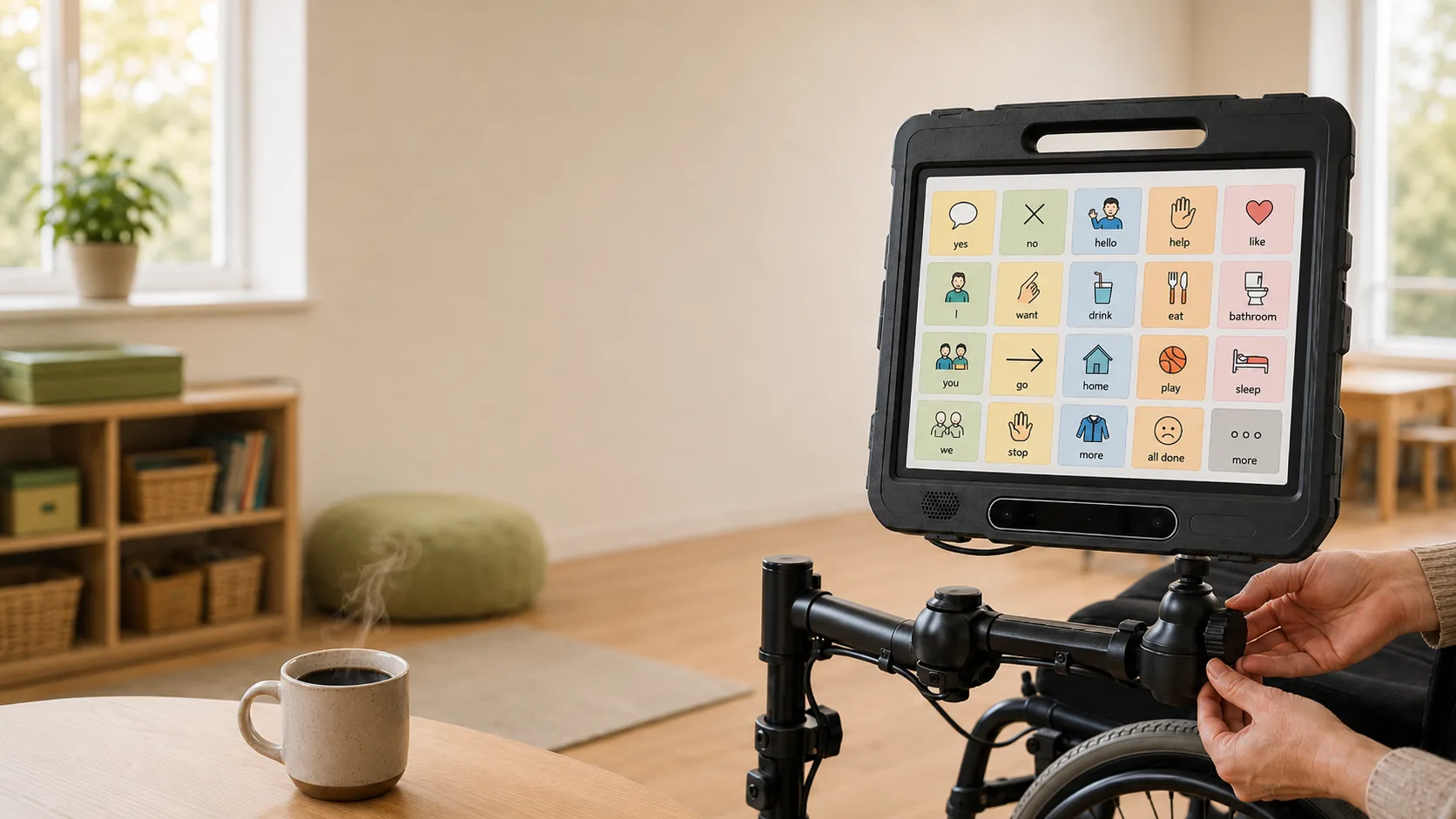 A hand reaching for an AAC symbol-grid tablet mounted on a wheelchair arm, in a warm daylit room with light wood shelves, a steaming mug of coffee, and plants in the window.